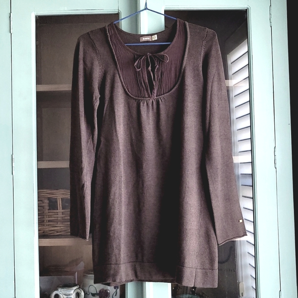 Roots light weight cotton knit long sleeve dress, brown, Size S